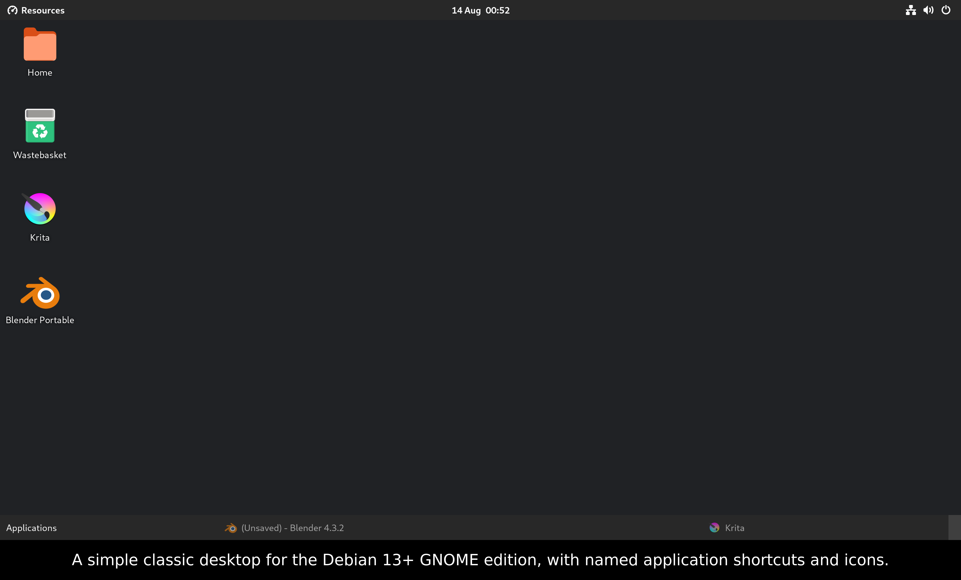 Gnozzard desktop, Applications menu, portable app actions, Debian package installation, pinned applications, process I/O, and ungrouped taskbar